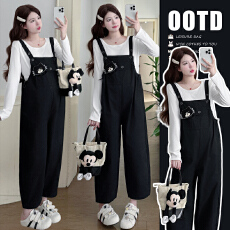 批发实拍现~2026春季新品孕妇宽松小猫图案<b class='q'>牛仔</b><b class='q'>背带裤</b>+莫代尔棉T套装