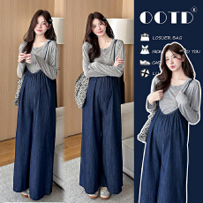 批发实拍现~ 2026夏季新款孕妇装韩版休闲牛仔背带裤+纯棉T套装