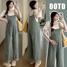 批发实拍现~2026孕妇装夏季新款韩版休闲工装牛仔背带裤+莫代尔T套装