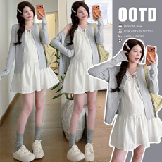 批发实拍新品~2026春夏新款孕妇休闲甜美韩版短款衬衣裙子+灰色开衫