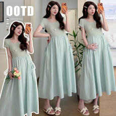 批发实拍新品~2026春夏新款孕妇休闲甜美韩版薄荷绿长款连衣<b class='q'>裙</b>