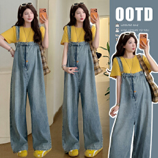 批发实拍新品~夏季2026孕妇韩版休闲<b class='q'>牛仔</b>背带裤+棉T打底两件套装