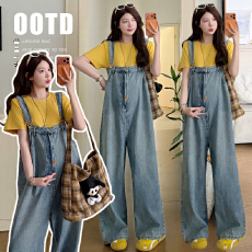 批发实拍新品~夏季2026孕妇韩版休闲<b class='q'>牛仔</b>背带裤+棉T打底两件套装