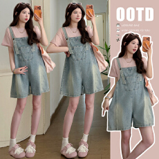 实拍新品~ 元气孕妇韩版显瘦小众牛仔背带裤套装+纯棉短袖上衣