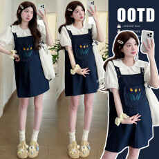 批发新款实拍现~2026夏季甜美宽松多巴胺刺绣<b class='q'>牛仔</b>背带裙+花瓣领<b class='q'>衬衣</b>