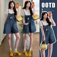 批发实拍新品~ 元气孕妇韩版前后两穿牛仔背带裤套装+莫代尔短袖上衣