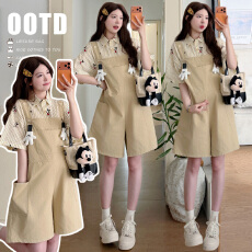 批发实拍新品~ 元气孕妇韩版可爱公仔<b class='q'>牛仔</b>背带裤套装+印花短袖<b class='q'>衬衣</b>