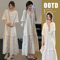 批发大量现~新品~2026春夏新款孕妇休闲甜美韩版蕾丝<b class='q'>拼接</b>长款<b class='q'>连衣裙</b>