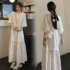 批发大量现~新品~2026春夏新款孕妇休闲甜美韩版蕾丝<b class='q'>拼接</b>长款<b class='q'>连衣裙</b>