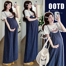 批发现~实拍 2026夏新款孕妇装<b class='q'>韩版</b>休闲条纹棉麻条纹背带裤+纯棉T套装