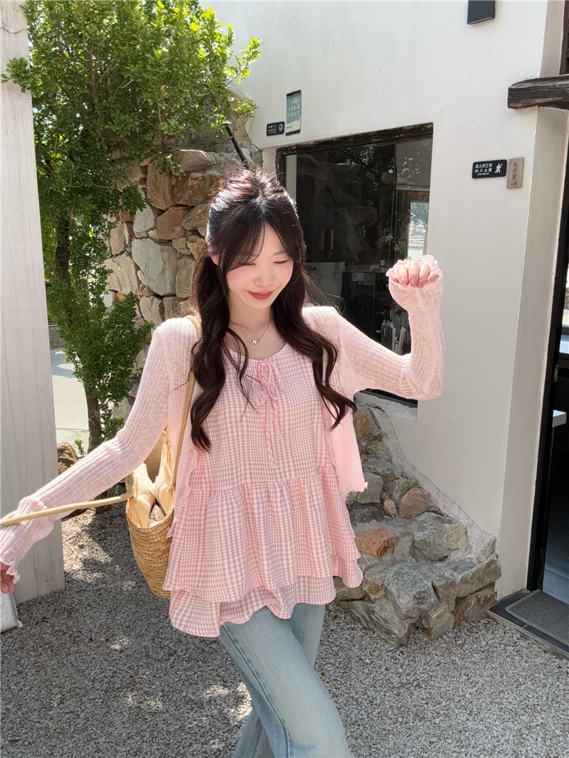 실사 한국 스타일 느긋한 소녀 센스 슬림해 보이는 체크무늬 조끼 얼음 실크 오픈 가디건 투피스 세트