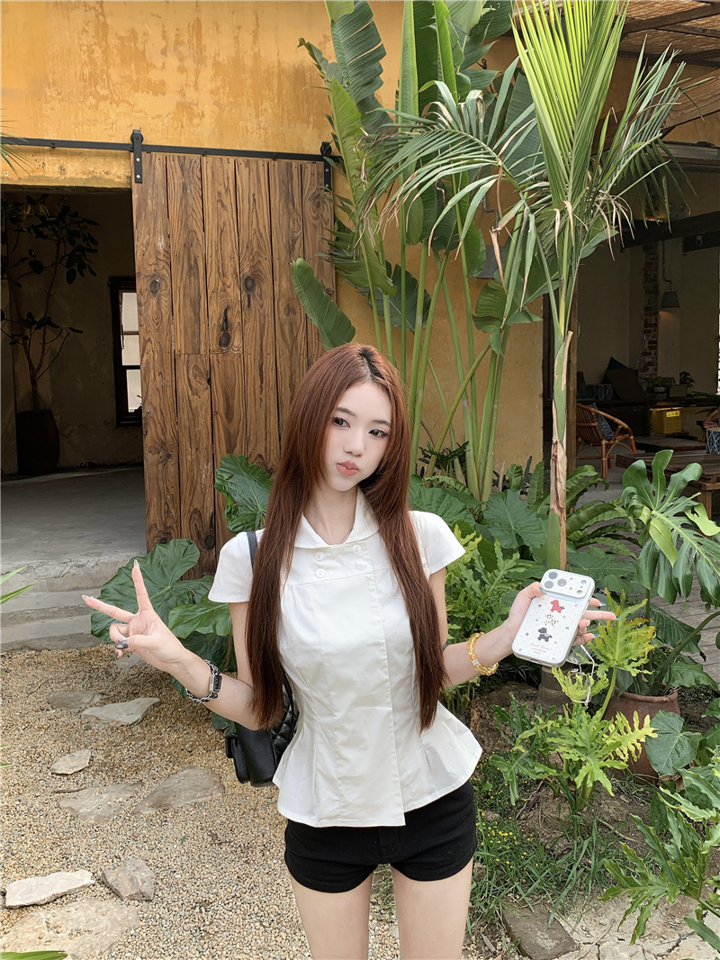 실사 한국 스타일 프랑스식 순수한 욕망 바람 품격 허리 수축 화이트 베이비 칼라 셔츠 맨위