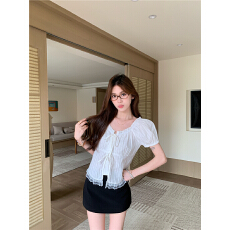 批发实拍 <b class='q'>韩版</b>甜美风蕾丝边绑带短袖显瘦<b class='q'>衬衫</b>上衣