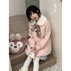 批发<b class='q'>夏</b>日和风铃  永恒星甜美可爱日系学院风粉色棕色可拆毛领呢子大衣