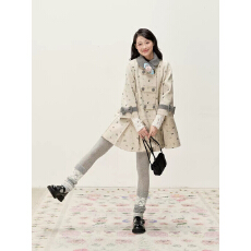 批发蝶影褶序 蝴蝶结印花羊毛呢外套女双排扣撞色翻领大衣