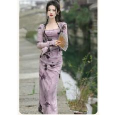 批发新中式春<b class='q'>夏</b>法式复古紫色水墨吊带裙两件套高级感气质修身连衣裙子
