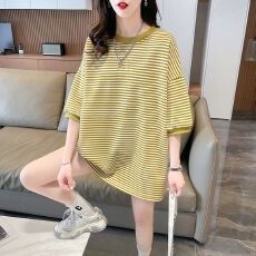 批发条纹短袖<b class='q'>T</b><b class='q'>恤</b>女2025年夏季新款百搭中<b class='q'>长款</b>上衣潮