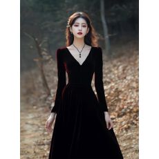 批发秋冬2025新款金丝绒大码连衣裙长袖大摆裙V领长裙晚会宴会晚<b class='q'>礼服</b>