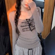 批发大码微<b class='q'>胖</b><b class='q'>MM</b>美式辣妹字母印花长袖T恤女设计感小众修身打底衫上衣