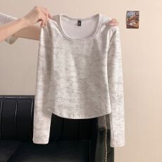 批发法式方领加厚收腰简约扎染<b class='q'>打底衫</b>秋冬新款内搭德绒长袖t恤女上衣