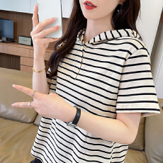 批发珠地条纹连帽T恤时尚连帽长袖风衣女秋季年新款休闲外套