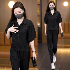 批发实拍2026夏季新款洋气套装胖MM时尚细闪衬衫宽松显瘦减龄两件套