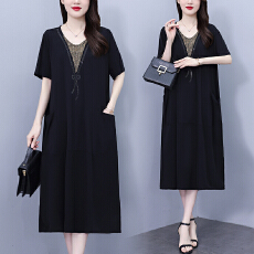 批发实拍2026<b class='q'>夏装</b>新款大码女装高端时尚宽松遮肚拼接中长款短袖<b class='q'>连衣裙</b>