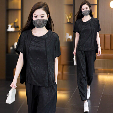 批发实拍2026夏装新款时尚洋气显瘦遮肉胖妹妹两件套气质大码女装套装