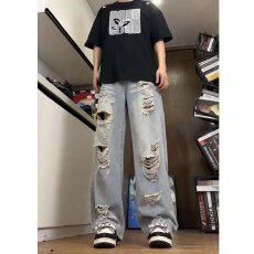 批发实拍实价破洞美式复古腿弯刀<b class='q'>牛仔裤</b><b class='q'>男</b>女高街潮牌百搭裤子