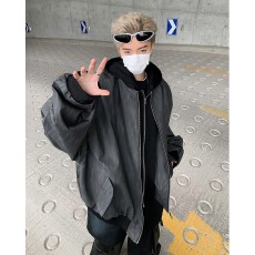 批发实拍实价 黑灰色纹理拉链连帽假两件皮夹克头宽松百搭外套pu皮衣