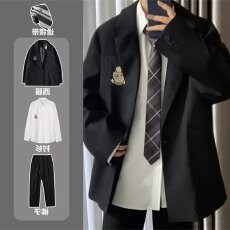 批发实拍实价学院风秋季新款休闲西装男DK制服徽章宽松情侣装西服外套