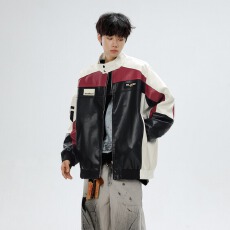 批发实拍实价 美式pu皮衣夹克男款情侣拼接撞色机车骑行服外套