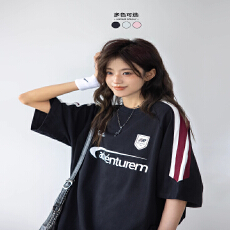 批发国潮美式复古高街插肩短袖<b class='q'>t</b><b class='q'>恤</b>夏季新款情侣宽松三条杠百搭上衣