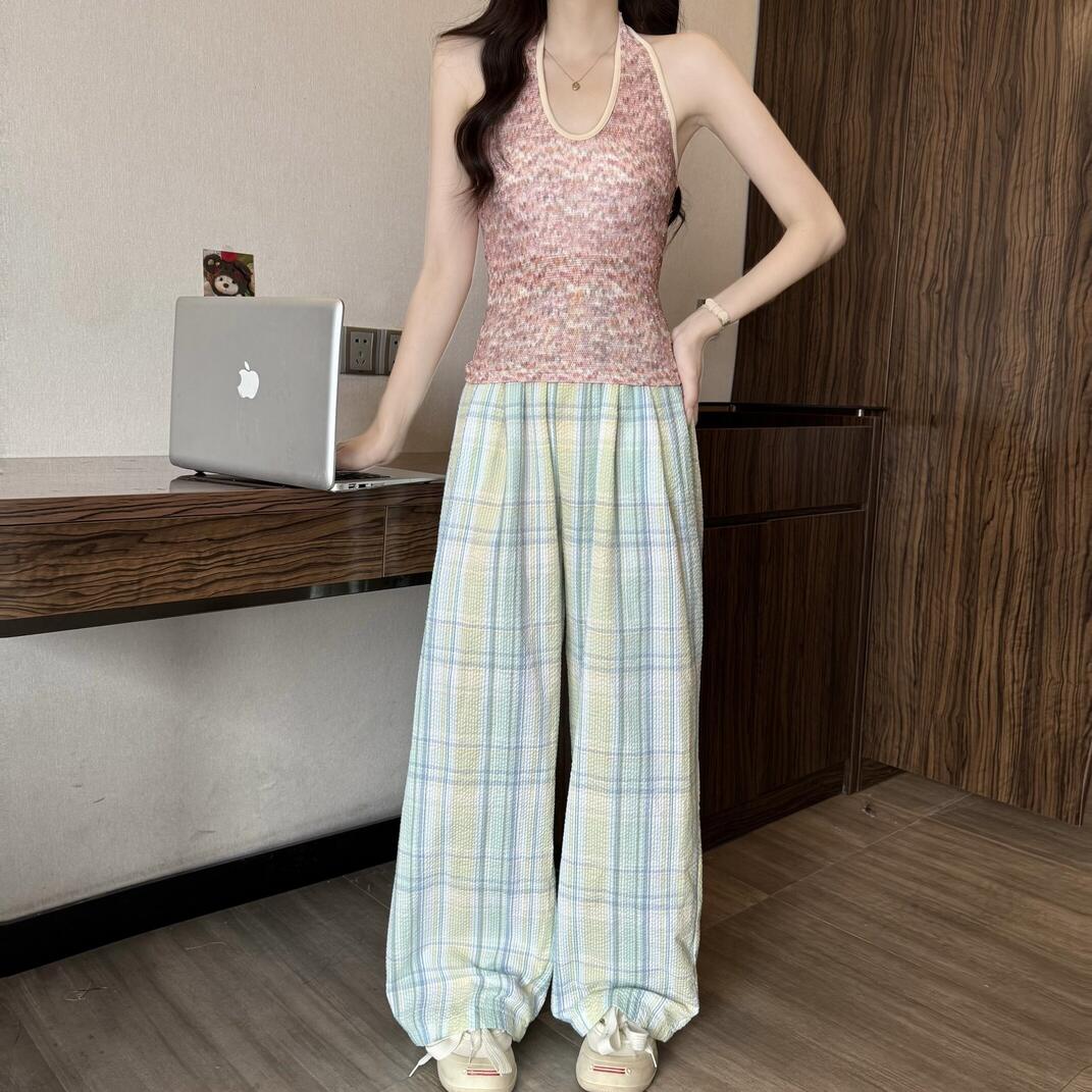 MY11368# 大码女装辣妹针织挂脖吊带背心+绿色格子高腰阔腿直筒山本裤...