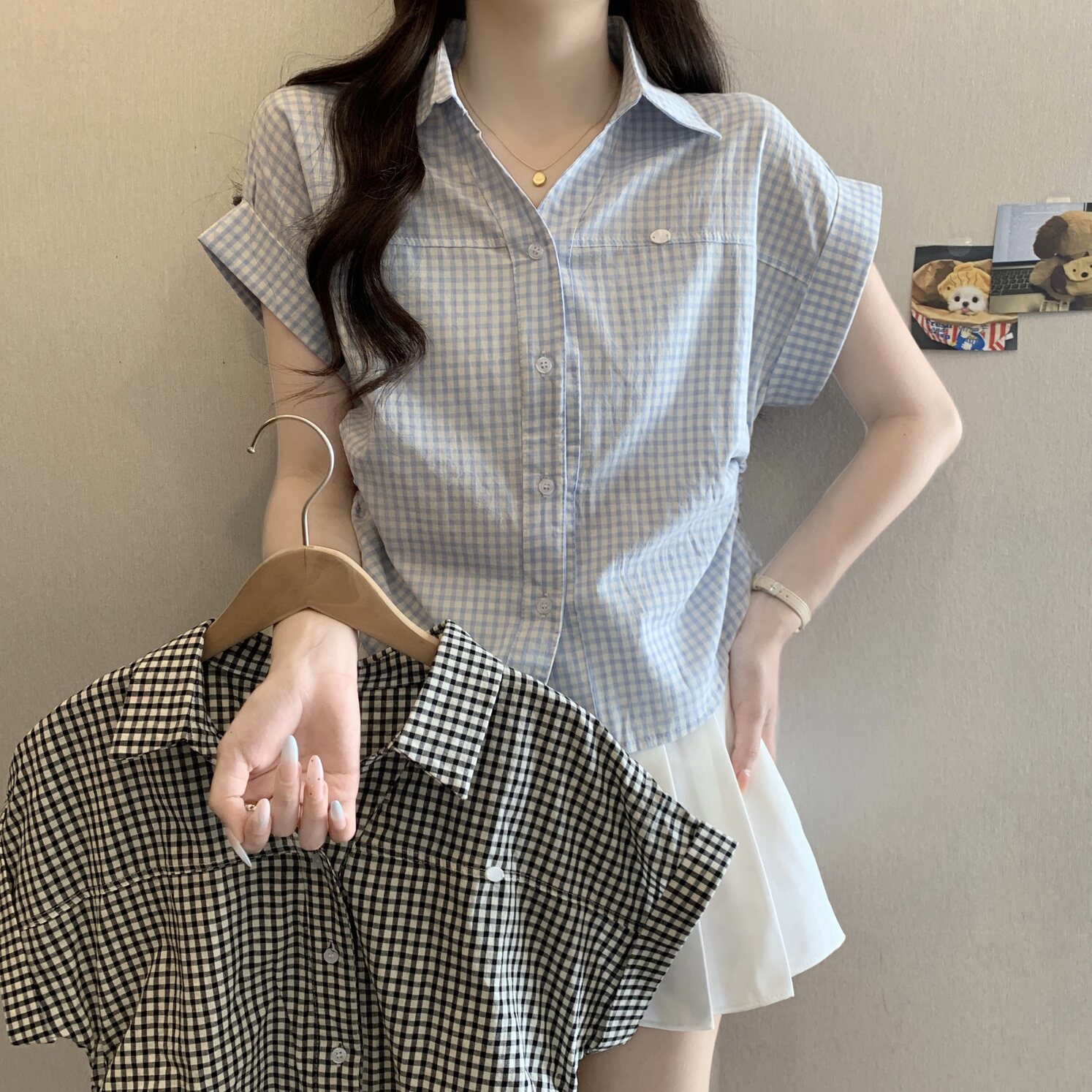 MY11366# 大码女装蓝色格子POLO领抽绳掐腰衬衫胖MM设计感短款显...
