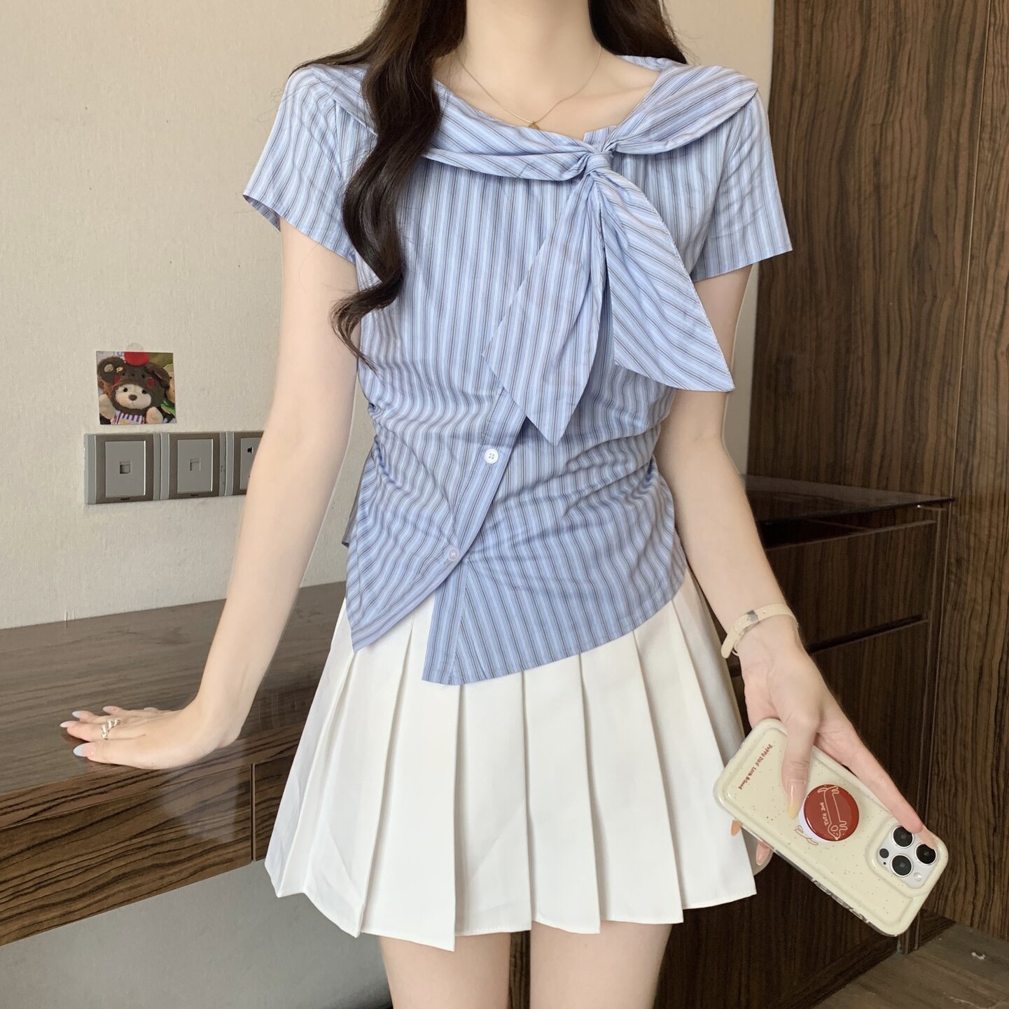 MY11364# 大码女装甜美条纹绑带掐腰斜扣衬衫胖MM显瘦独特减龄上衣女...