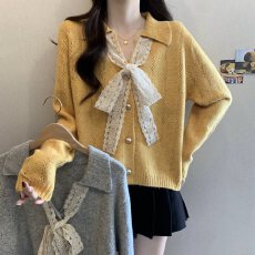 批发实拍<b class='q'>大码</b>女装法式V领蝴蝶结系带毛衣<b class='q'>胖</b><b class='q'>MM</b><b class='q'>宽松</b>显瘦百搭上衣