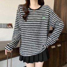 批发实拍大码女装慵懒风条纹松弛感套头毛衣胖MM宽松百搭长袖针织上衣