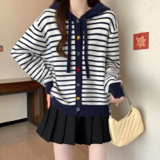 批发实拍<b class='q'>大码</b>女装复古条纹连帽长袖开衫毛衣胖MM慵懒百搭上衣<b class='q'>外套</b>