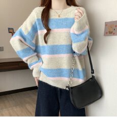 批发实拍大码女装韩系拼色条纹圆领套头毛衣胖MM宽松软糯百搭上衣
