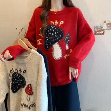批发实拍大码女装趣味减龄蘑菇提花套头毛衣<b class='q'>胖</b><b class='q'>MM</b><b class='q'>百搭</b>软糯上衣