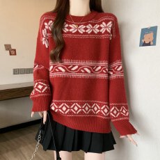 批发实拍大码红色费尔岛新年复古圆领提花毛衣<b class='q'>胖</b><b class='q'>MM</b><b class='q'>百搭</b>软糯氛围感上衣