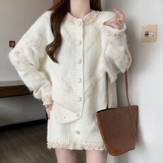 批发实拍大码女装小香风三角缉线温柔显瘦珍珠边开<b class='q'>衫</b>短裙两件套