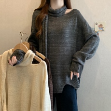批发实拍大码女装慵懒风设计感围巾套头一体毛衣胖MM宽松百搭上衣
