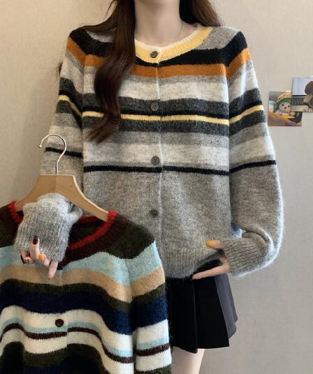 실사 빅 사이즈 여성 의류 레트로 배색 스트라이프 라운드 넥 오픈 가디건 스웨터 지방 mm 루즈핏 다용도 부드러운 찹쌀 맨위