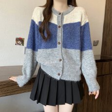 批发实拍大码女装韩系慵懒风撞色针织开衫毛衣胖MM软糯百搭上衣