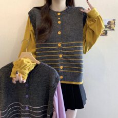 批发实拍大码女装设计感灯芯绒拼接假两件条纹毛衣胖MM显瘦百搭上衣