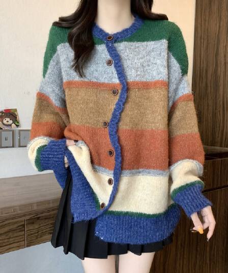 실사 빅 사이즈 여성 의류 일본식 느긋한 바람 배색 스트라이프 디자인 센스 스웨터 코트 지방 mm 다용도 맨위