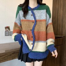 批发实拍大码女装日系慵懒风撞色条纹设计感毛衣外套胖MM百搭上衣