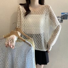 批发实拍大码女装慵懒镂空钩花长袖针织衫胖MM休闲百搭防晒罩衫